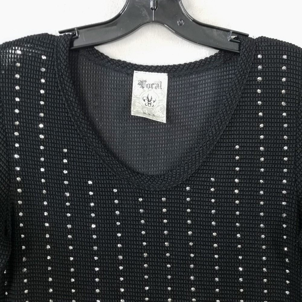 Vocal Studded Top Women S Black Long Sleeve Metal Stretch Goth Punk Edgy T-Shirt - Picture 3 of 7